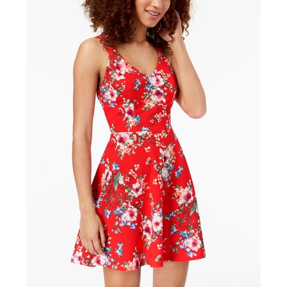 Trixxi Juniors Strappy Back Fit Flare Dress Red Print XS