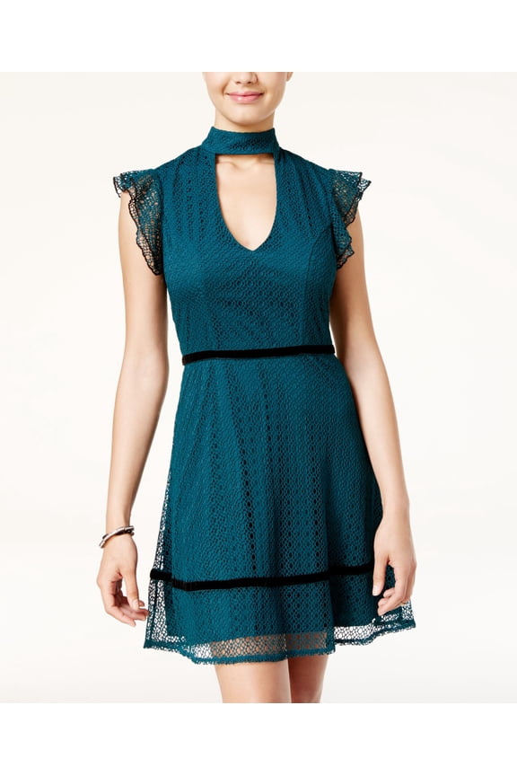 Juniors Velvet Trim Lace Choker Dress Hunter Green 5