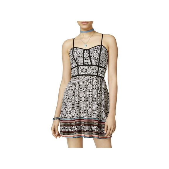 Trixxi Womens Juniors Printed Spaghetti Strap Casual Dress B/W 1