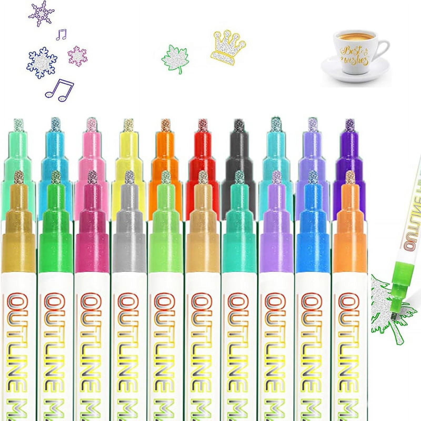 Trjgtas Metallic Outline Paint Markers, 20 Colors Shimmer Outline Markers Pens, Signature