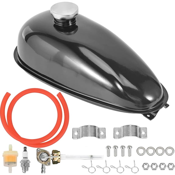 Trkimal Upgrade Metal Fuel Gas Tank with Petcock Cap for 49cc 50cc 60cc 66cc 80cc Engine Motorized Bicycle Black Bike Motor Powersports Oil Tanks (4L/1.06Gallons)