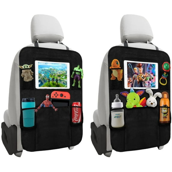 Trobo Back Seat Organizers And Storage, 2 Pack X-Large Multifunctional Backseat Car Organizer + iPad And Tablet Holder For Kids, Kick Mats Back Seat Protector With 5 Pockets, Travel Accessories, Black
