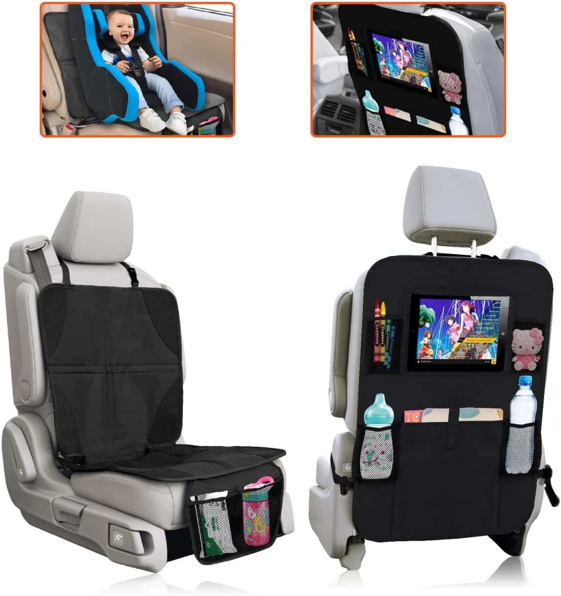 Trobo Car Seat Protector + Backseat Organizer With iPad And Tablet Holder, Waterproof Carseat Cover For Child Car Seat & 5 Pocket Storage Kick Mats Back Seat Protector For Leather Seats, Kids Feet