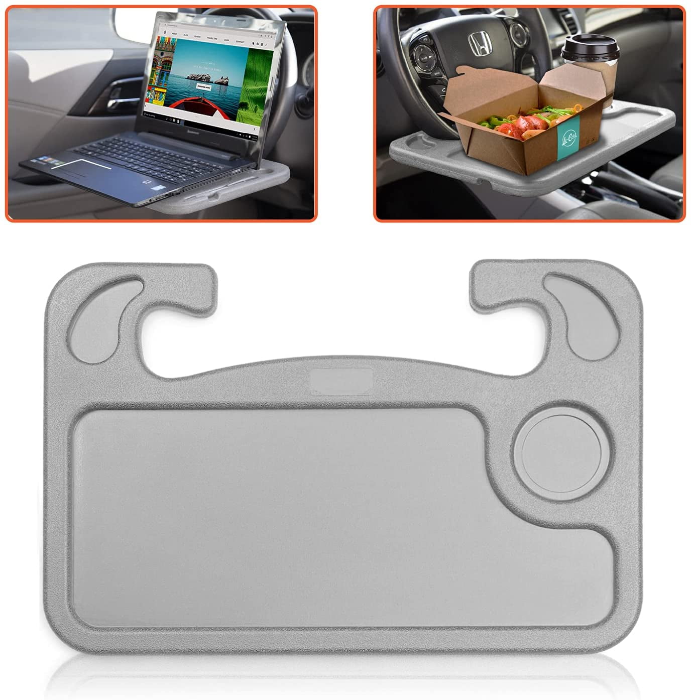 Trobo Steering Wheel Desk, Car Table for Writing, Laptop, Tablet Or iPad with Pen Slot, Food Eating Tray with Cup Holder, Hooks On Most Vehicle Steering Wheels, Car Accessories for Travelers, Grey
