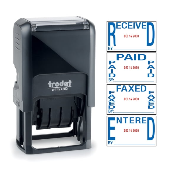 Trodat Printy 4750 5-in-1 Date Stamp with 4 Interchangeable Messages – Self-Inking, Red Ink Date and Blue Ink Text