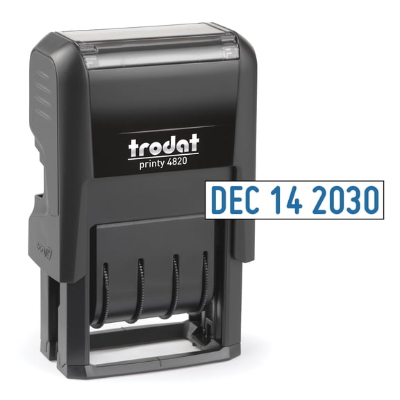 Trodat 4820 Printy 4.0, Self-Inking Date Stamp for Professional, Classroom and Personal Applications, 3/8” x 1-¼”, Eco-Friendly and CO2 Compensated - Blue Ink