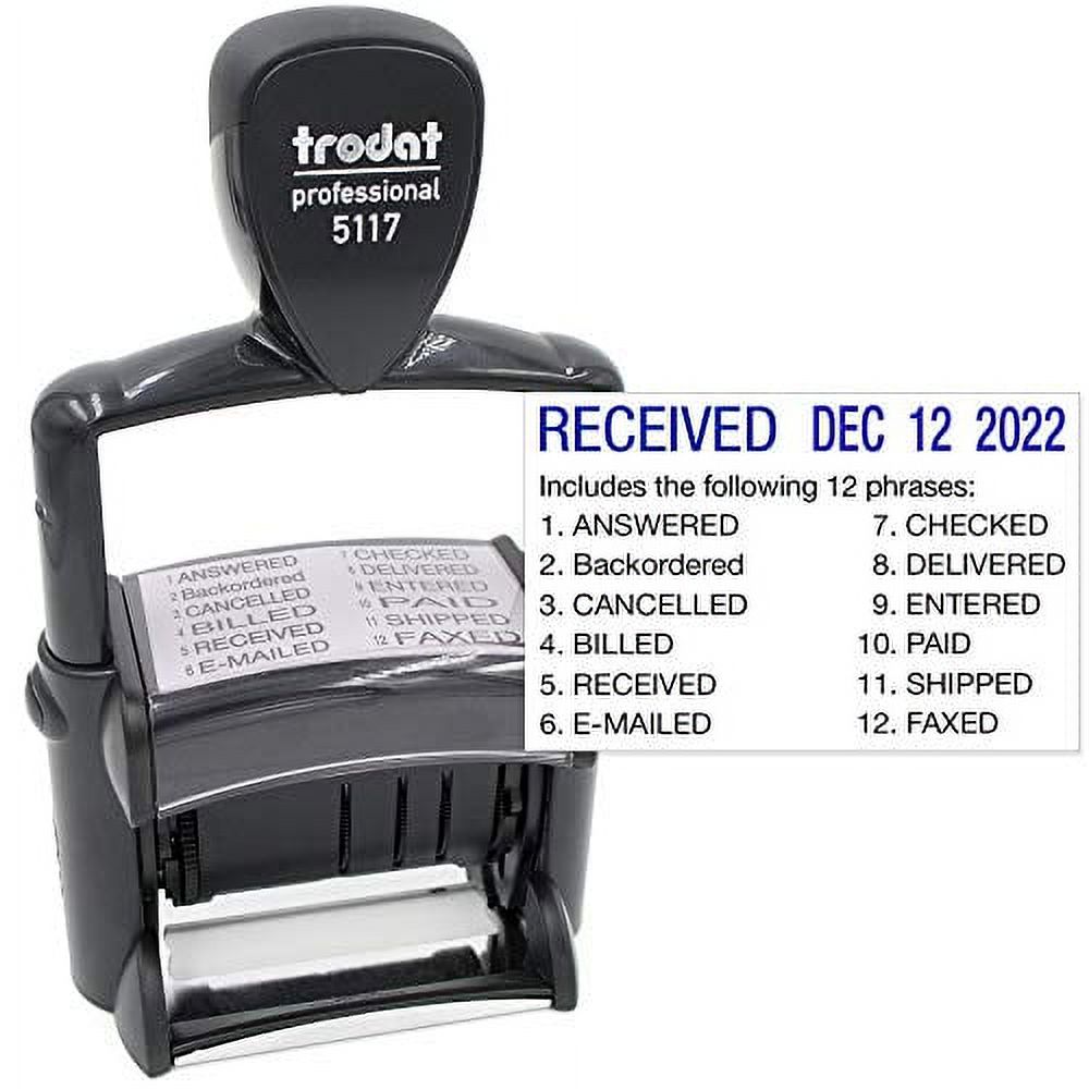 Trodat Professional Dater 5117-12 Self-Inking Stamp With 12 Phrases & Date, Blue
