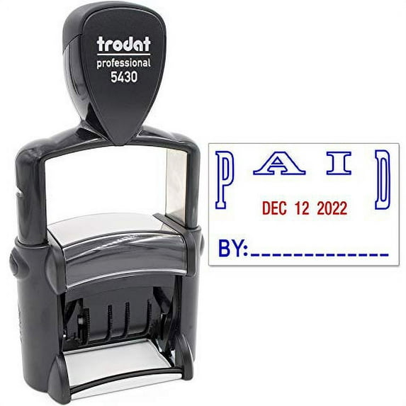 Trodat 5430 Professional Self-Inking Date Stamp with Paid - Blue/Red 2 Color Ink