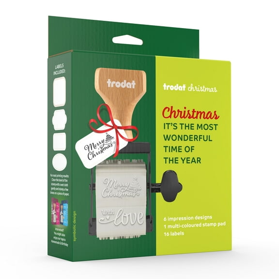 Trodat Christmas Stamp Set - Versatile stamp for labeling Christmas presents, DIYs, decorating presents, cards & wrapping paper – stamp set with 6 messages, 3-colored pad - black, green, red