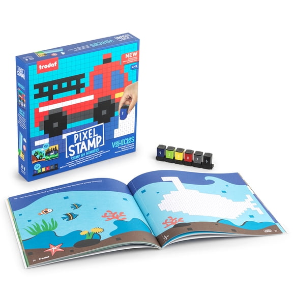 Trodat Pixel Stamp Vehicles - The combination of Pixel Art and Stamp by Numbers, 1 coloring book for children, 18 vehicle templates & 6 colorful stamps (blue, green, yellow, red, gray, black)