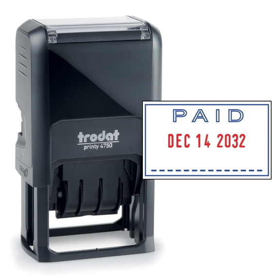 Trodat Printy 4750 Date Stamp with English Message Paid – Self-Inking, Red Ink Date and Blue Ink Text