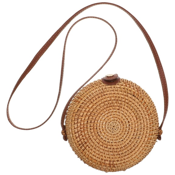 Troglfold Straw Bag 1Pc Fashion Round Shape Straw Bag Candy Bag Shoulder Messenger Bag Fresh Style Handbag Beach Bag Beige(Leather Buckle),7.09"X7.09"X2.76"