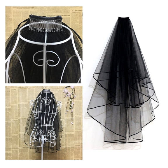 Troglfold black veil 1pc Bride Wedding Veil Retro Black Long with Ribbon Border for Women Ladies (Black)