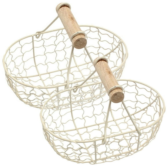 Troglfold wooden handle basket 2pc Farmhouse Egg Basket - Metal Wire, White,7.09"X4.72"X4.72"