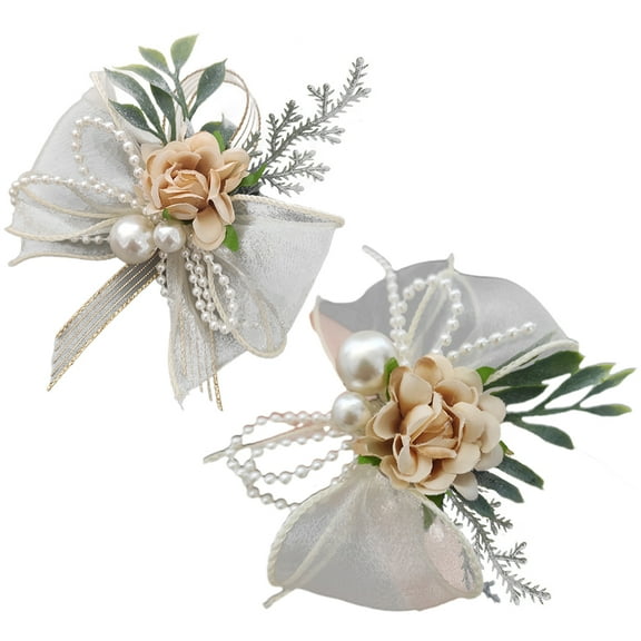 LABSERRON Wrist Corsage and Boutonniere Set White Plastic 2Pcs for French Themes