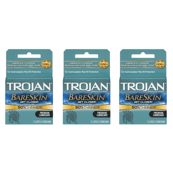 Trojan BareSkin Premium Lubricant Latex Condoms, 3 Count (Pack of 3)