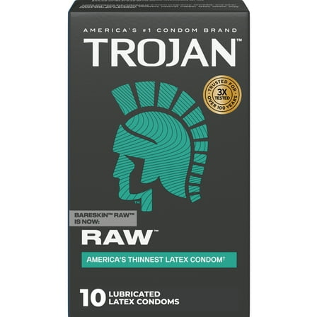Trojan Raw Thinnest Premium Latex Lubricated Condoms for Men, 10 Count