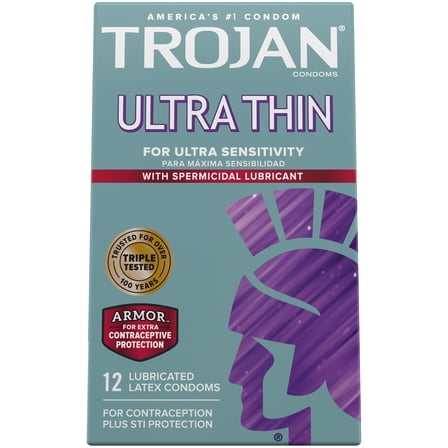 Trojan Condom Sensitivity Ultra Thin Spermicidal, 12 Count - 2 Pack