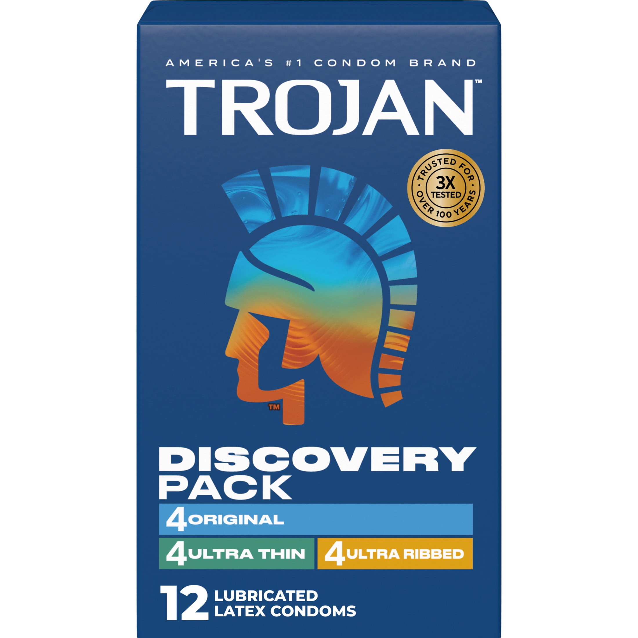 Trojan Discovery Pack, Assorted Latex Lubricated Condoms for Men, Original, Ultra Thin & Ultra Ribbed Varieties, 12 Count