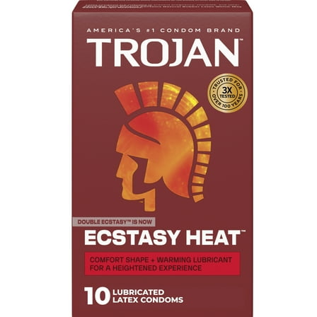 Trojan Ecstasy Heat Latex Lubricated Ribbed Condoms with Warming Lubricant, 10 Count
