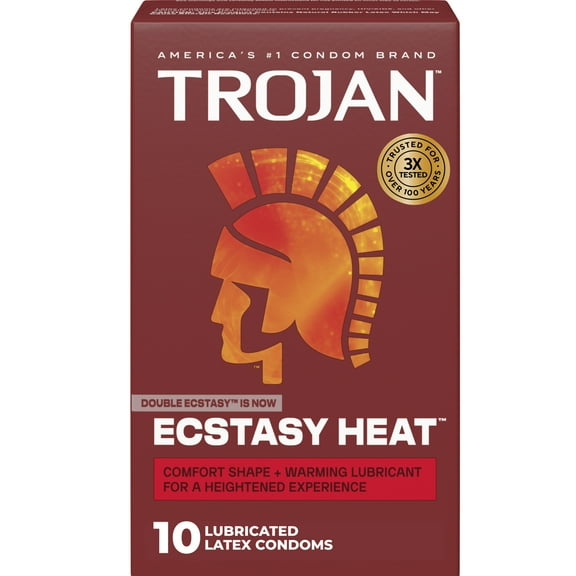 Trojan Ecstasy Heat Latex Lubricated Ribbed Condoms with Warming Lubricant, 10 Count