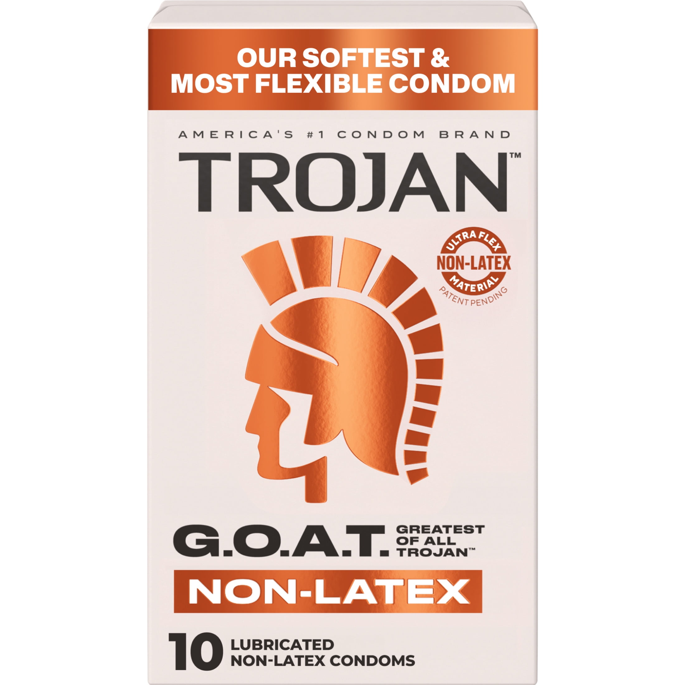 Trojan G.O.A.T. Latex-Free Lubricated Condoms for Men, Patent Pending Ultra Flex Non-Latex Material, Soft, Strong, Odorless & Colorless, 10 Count