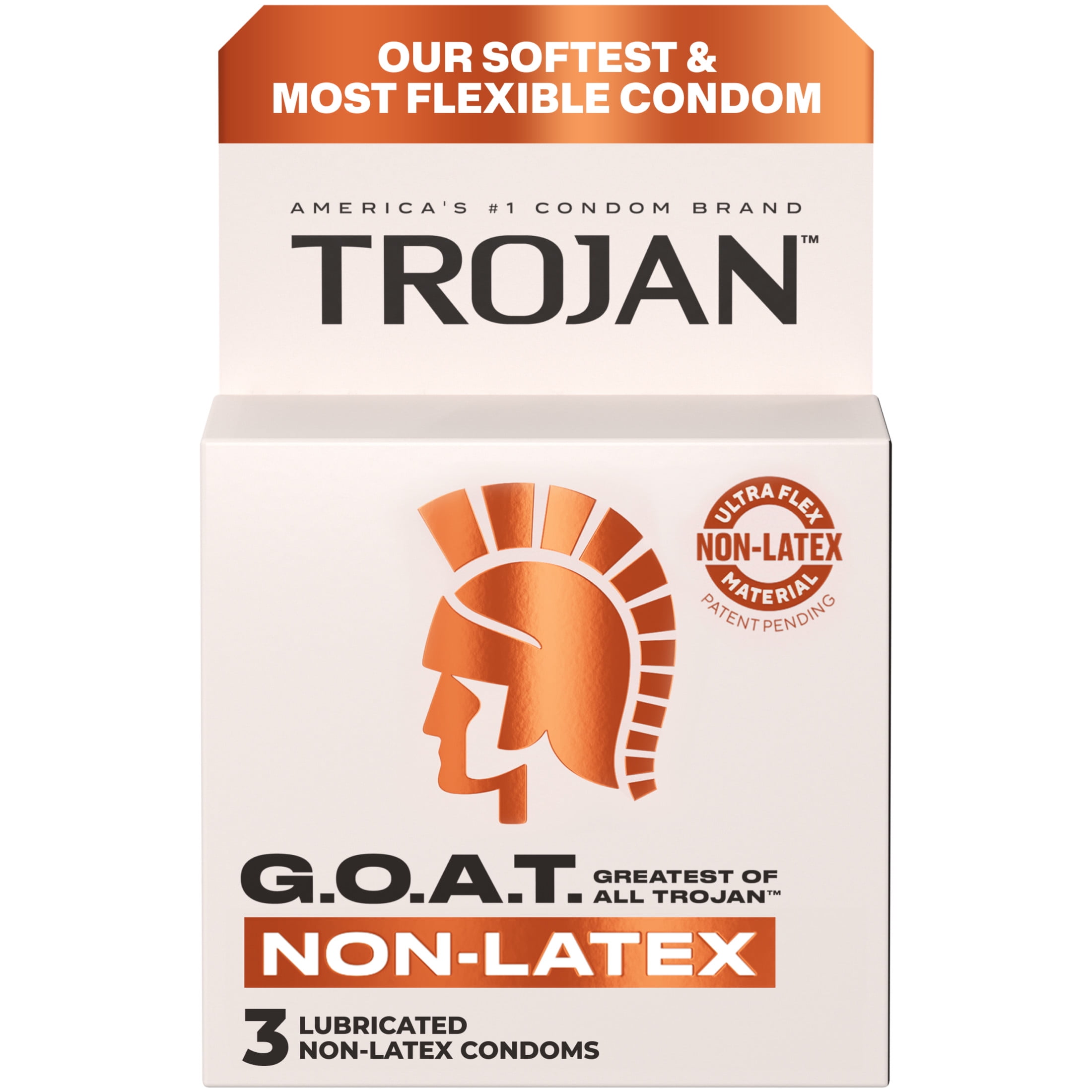 Trojan G.O.A.T. Latex-Free Lubricated Condoms for Men, Patent Pending Ultra Flex Non-Latex Material, Soft, Strong, Odorless & Colorless, 3 Count