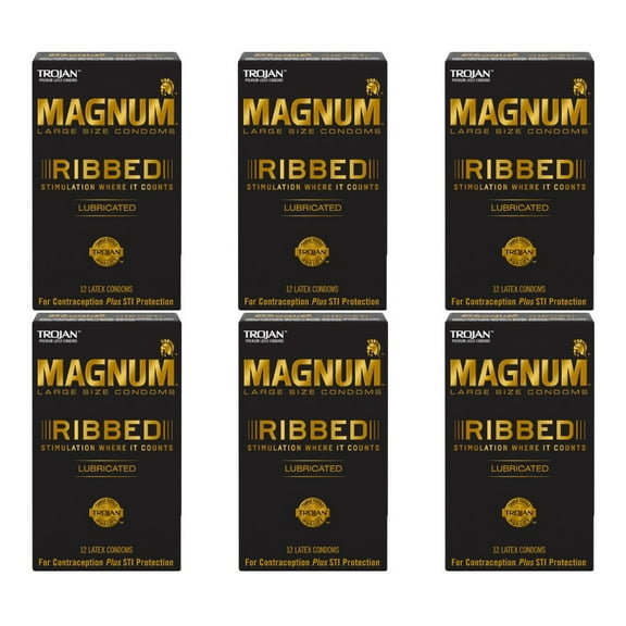 Trojan Magnum Large Size Condoms Ribbed Lubricated - 12 ct, Pack of 6