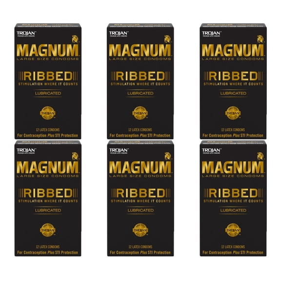 Trojan Magnum Large Size Condoms Ribbed Lubricated - 12 ct, Pack of 6