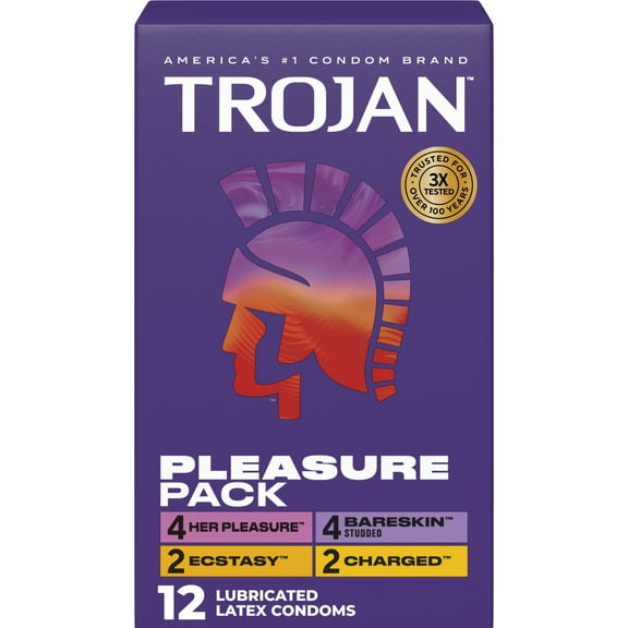 Trojan Pleasure Pack, Assorted Latex Lubricated Condoms for Men, Her Pleasure, Bareskin Studded, Ecstasy & Charged Varieties, 12 Count