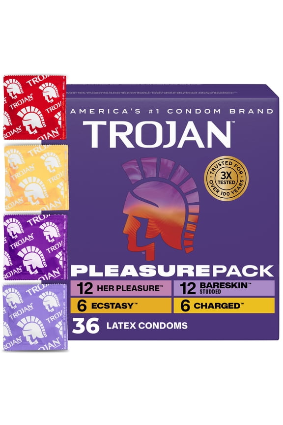 Pleasure Pack, Assorted Latex Lubricated Condoms for Men, Her Pleasure, Bareskin Studded, Ecstasy & Charged Varieties, 36 Count
