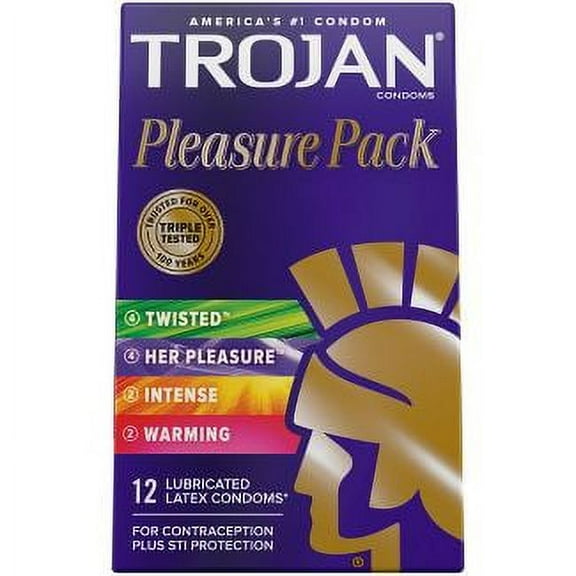 Trojan Pleasure Pack Condom Bundle with Lunamax Brass Pocket Case, Assortment of Stimulating Condoms-12 Count