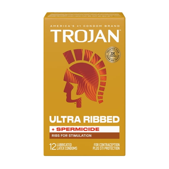 Trojan Ultra Ribbed Plus Spermicide Latex Lubricated Ribbed Condoms, 12 Count