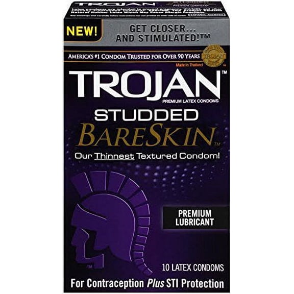 Trojan Studded BareSkin + Silver Lunamax Pocket Case, Ribbed Lubricated Latex Condoms-10 Count