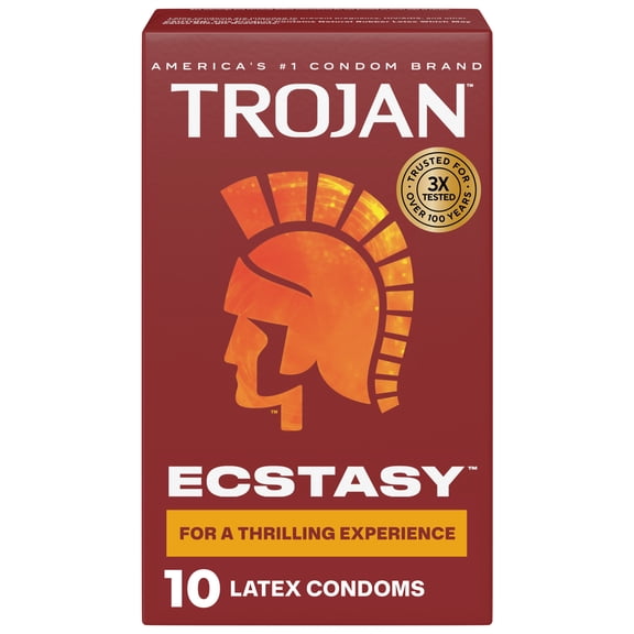 Trojan Ecstasy Ribbed Bulbous Shape Latex Premium Lubricated Condoms, 10 Count