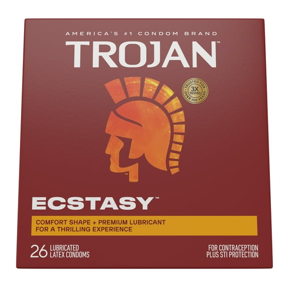 Trojan Ecstasy Ribbed Bulbous Shape Latex Premium Lubricated Condoms, 26 Count