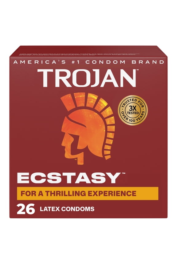 Ecstasy Ribbed Bulbous Shape Latex Premium Lubricated Condoms, 26 Count