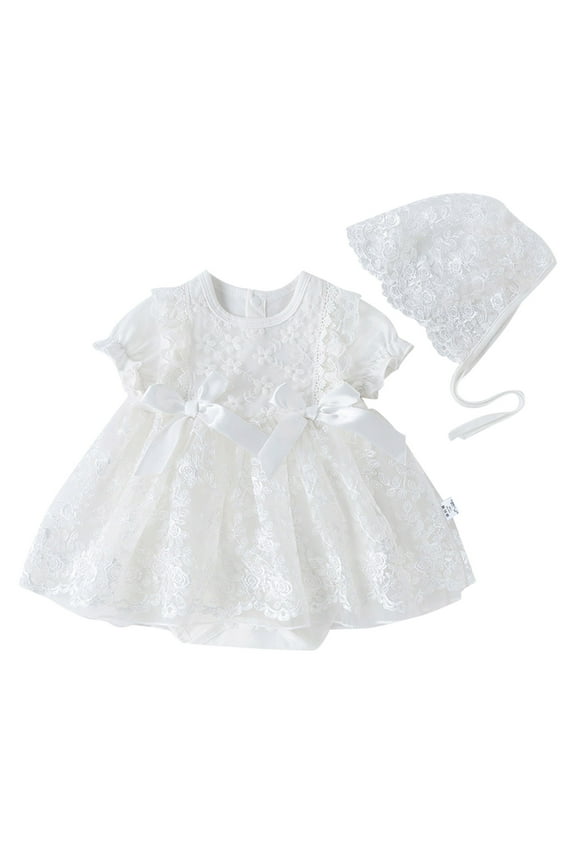 Infant Baby Flower Girl Dresses Spring Summer Bow Tie Short Sleeve Fashion Hat Princess Birthday Clothing Size 9-12 Months White