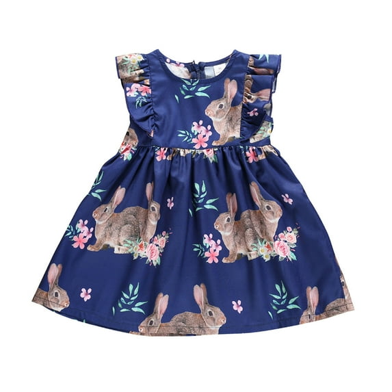 Trolimons Infant Baby Girls Summer Dress Bunny Cute Flower Easter Sleeveless Frilly Print Skirt Size 6-12 Moths Dark Blue