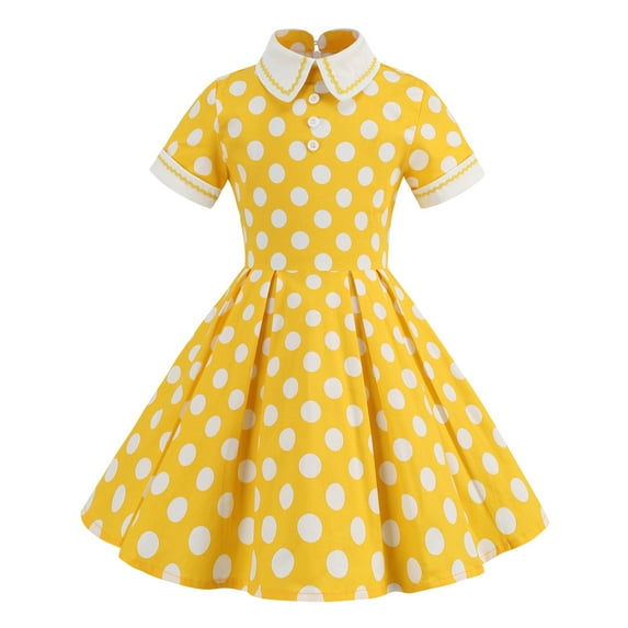 Trolimons Little Girls' Casual Dresses Vintage Polka Dot Short Sleeve Turn Down Collar Swing Party Size 7-8T Yellow