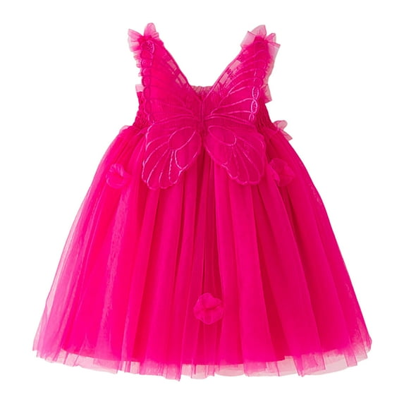 Trolimons Little Girls Princess Dresses Sleeveless Butterfly Tulle Suspenders Dance Party Clothes Size 5-6T Red