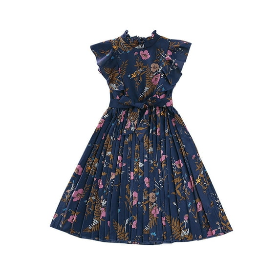 Trolimons Little Girls Summer Dress Girls Sun Dress Scoop Neck Sleeveless Flowy Print Plain Size 7-8T Blue