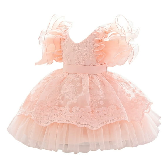 Trolimons Newborn Baby Flower Girl Dresses Fly Sleeve Lace Embroidery Pageant Gown Party Evening Wedding Clothes Fashion Size 0-6 Months Pink
