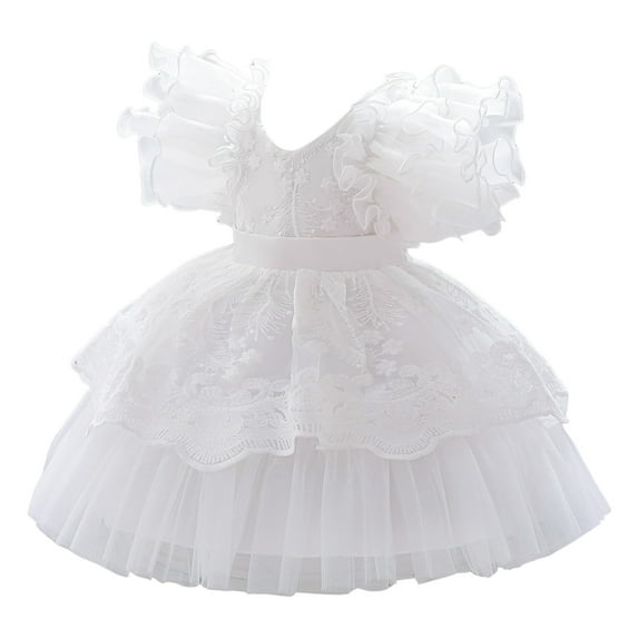Trolimons Newborn Baby Flower Girl Dresses Fly Sleeve Lace Embroidery Pageant Gown Party Evening Wedding Clothes Fashion Size 0-6 Months White