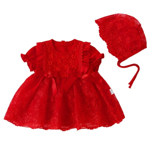 Trolimons Newborn Baby Flower Girl Dresses Spring Summer Bow Tie Short Sleeve Fashion Hat Princess Birthday Clothing Size 0-3 Months Red