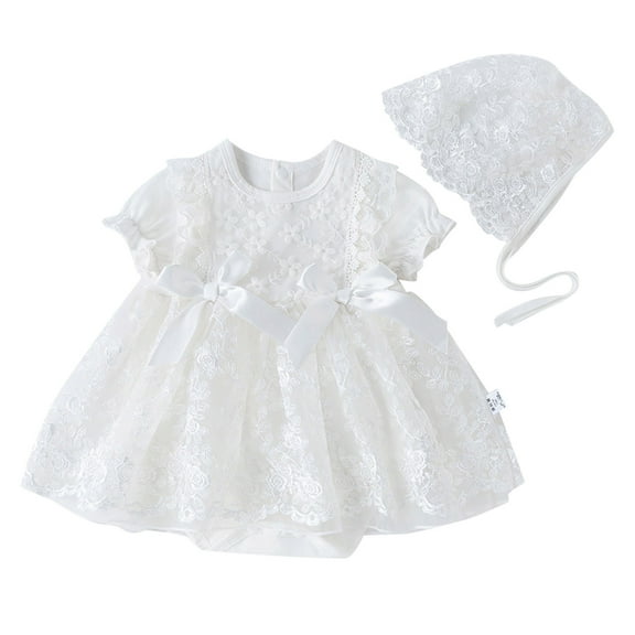 Trolimons Newborn Baby Flower Girl Dresses Spring Summer Bow Tie Short Sleeve Fashion Hat Princess Birthday Clothing Size 0-3 Months White