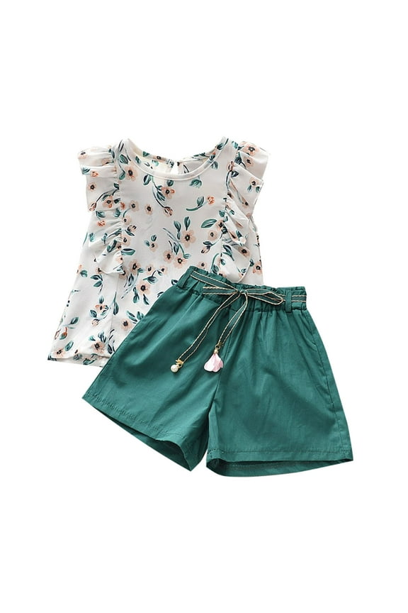 Summer Flying Sleeve Printed Top Tie Shorts Sets Outfits (Toddler), Size 4 - 6 Years