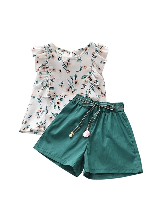Summer Flying Sleeve Printed Top Tie Shorts Sets Outfits (Toddler), Size 4 - 6 Years