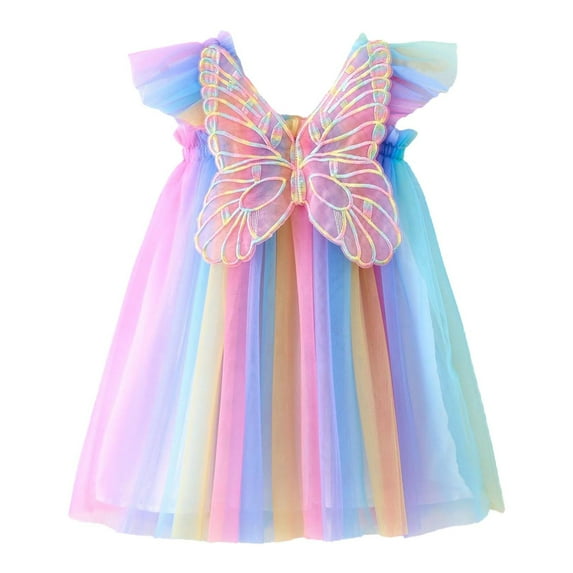 Trolimons Toddler Girls' Casual Dresses Fly Sleeve Butterfly With Wing Tie Dye Rainbow Tulle Holiday Party Dance Party Clothes Size 18-24 Months Sky Blue