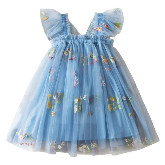 Trolimons Toddler Girls' Casual Dresses Sleeveless Embroidered Flowers With Wing Tie Holiday Party Dance Party Clothes Size 2-3T Blue